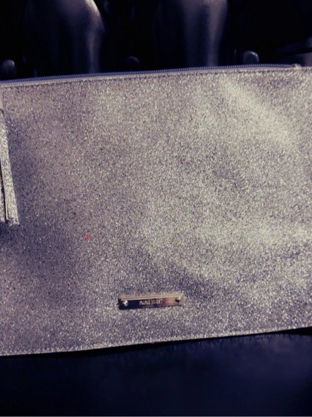 Nine West Silver Glitter Zip Clutch with Tassel